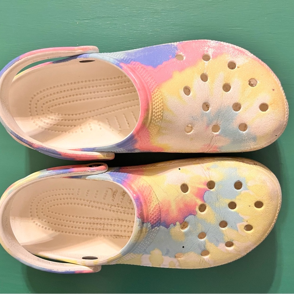 Tie dye crocs, size 10